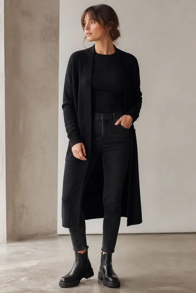 A casual outfit featuring a long black cardigan worn over a fitted black tee and slim ankle jeans. Chunky black Chelsea boots sit under the jeans with a clean hem line.