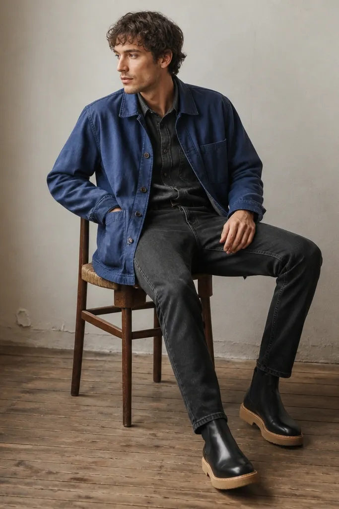 A blue chore jacket over a washed black denim shirt, paired with washed black denim jeans. The chunky Chelsea boots have a lighter crepe-style sole edge, visible around the thick platform.