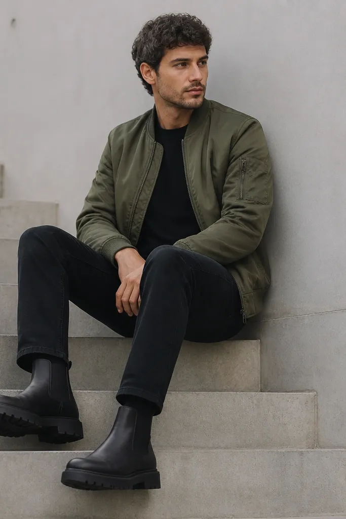 A person wearing an olive bomber jacket over a black tee, paired with black jeans that are slim but not tight at the ankle. They wear matte black chunky Chelsea boots with a thick sole.