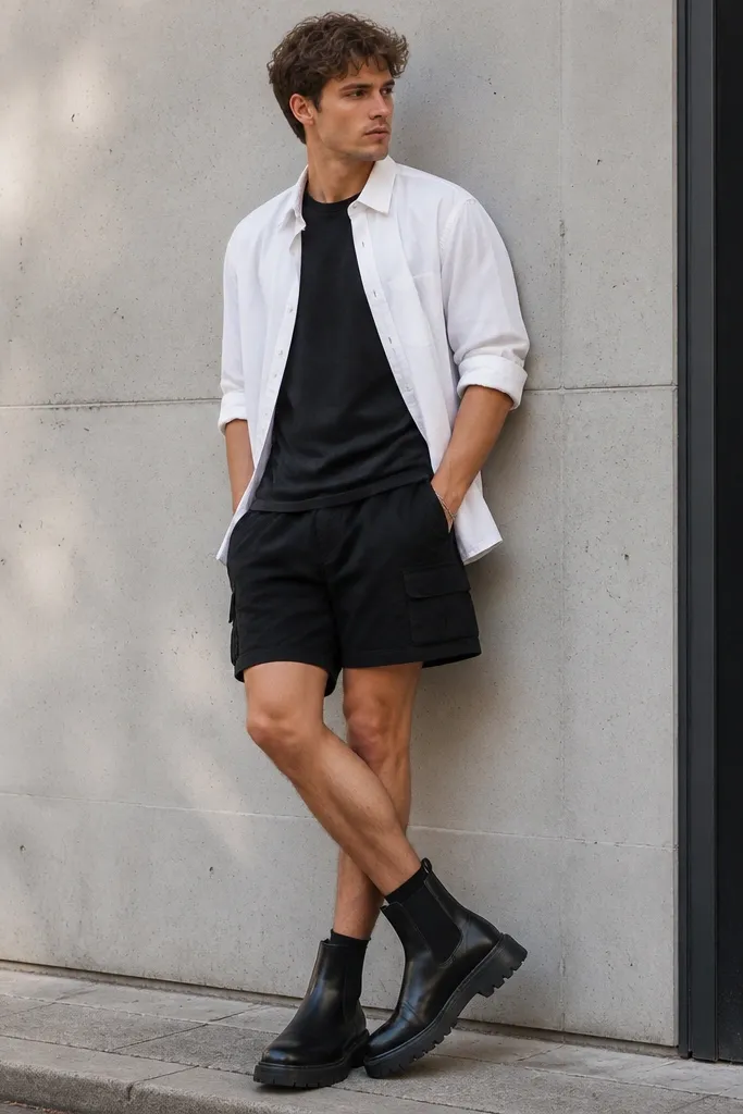 A summer streetwear look with a white button-up shirt worn open over a dark tee, rolled sleeves, black cargo shorts, and chunky black Chelsea boots. The shorts end mid-thigh, showing the boots clearly.