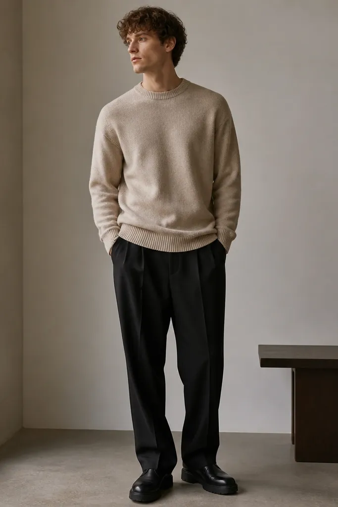 A beige knit sweater worn with black pleated chinos. The chinos have a slight break over the chunky black Chelsea boots, and the sweater sits untucked over the waistband.