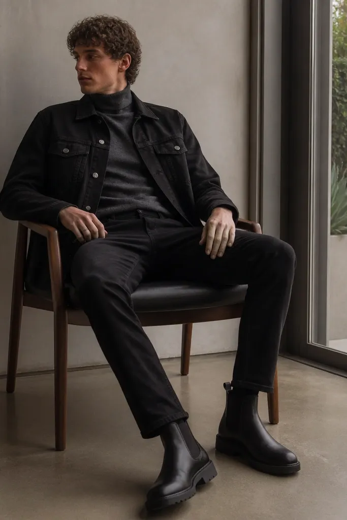 A charcoal turtleneck with a black denim jacket layered on top, paired with black jeans. The chunky Chelsea boots are matte black and the jeans hem is trimmed to show the boot outline.