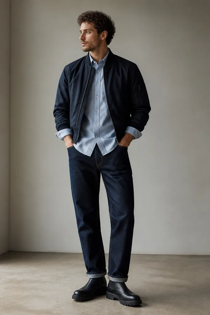 A navy bomber jacket over a light blue button-up shirt with sleeves rolled, paired with dark raw denim jeans. Chunky black Chelsea boots sit under a neat, slight stack at the hem.