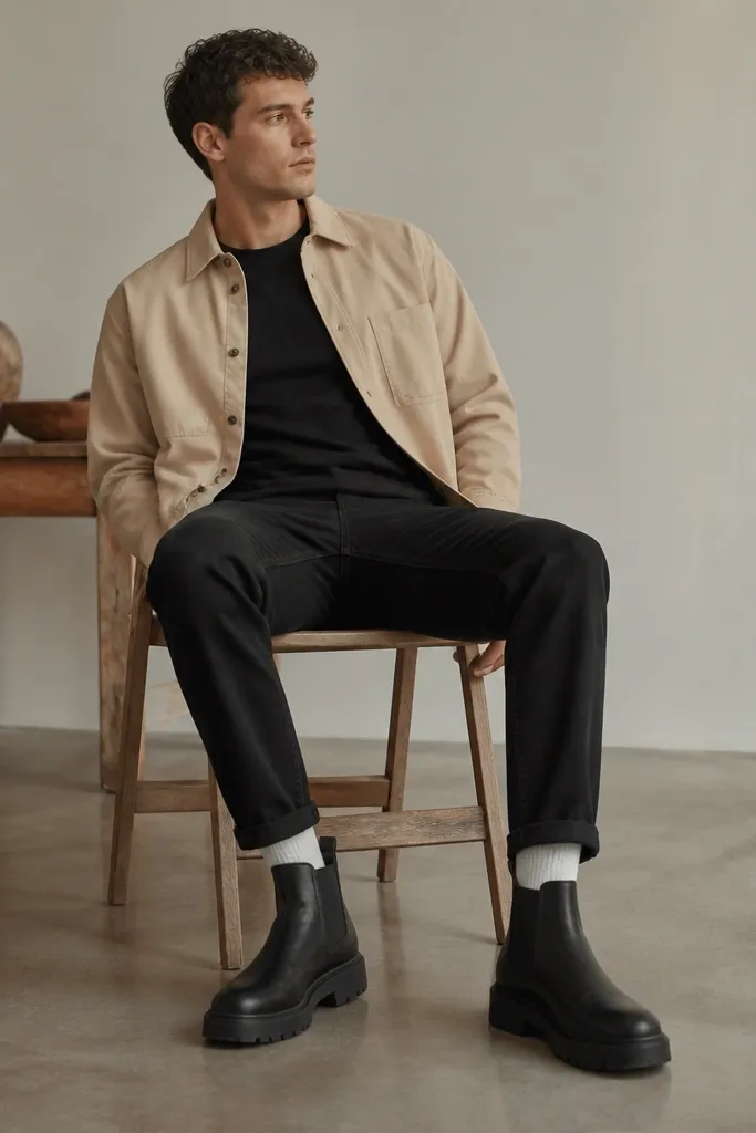 A sand-colored overshirt over a black tee, with black jeans hemmed to show a small peek of white socks above chunky black Chelsea boots.