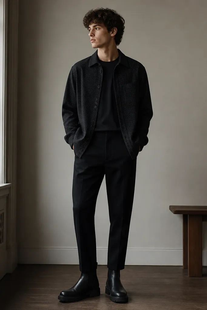 A small-check patterned overshirt layered over a dark tee, with black tapered pants that end right at the chunky black Chelsea boots. The overshirt pattern is subtle and the outfit stays mostly black.