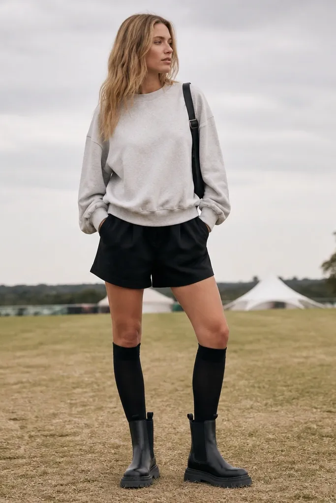 A light gray sweatshirt worn with black shorts, long black socks that reach above the boot opening, and chunky black Chelsea boots. The outfit has a sporty, festival feel.