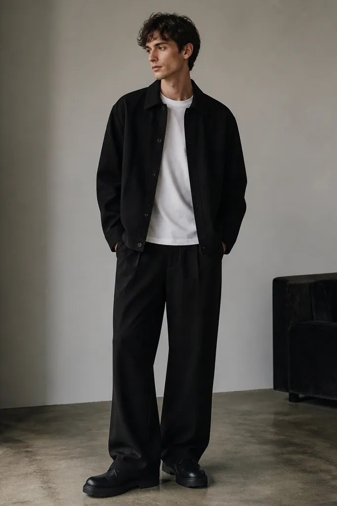 A white crew tee under a black overshirt, with wide-leg black trousers that stack heavily over the chunky Chelsea boots. The overshirt is slightly boxy and ends around the hip.