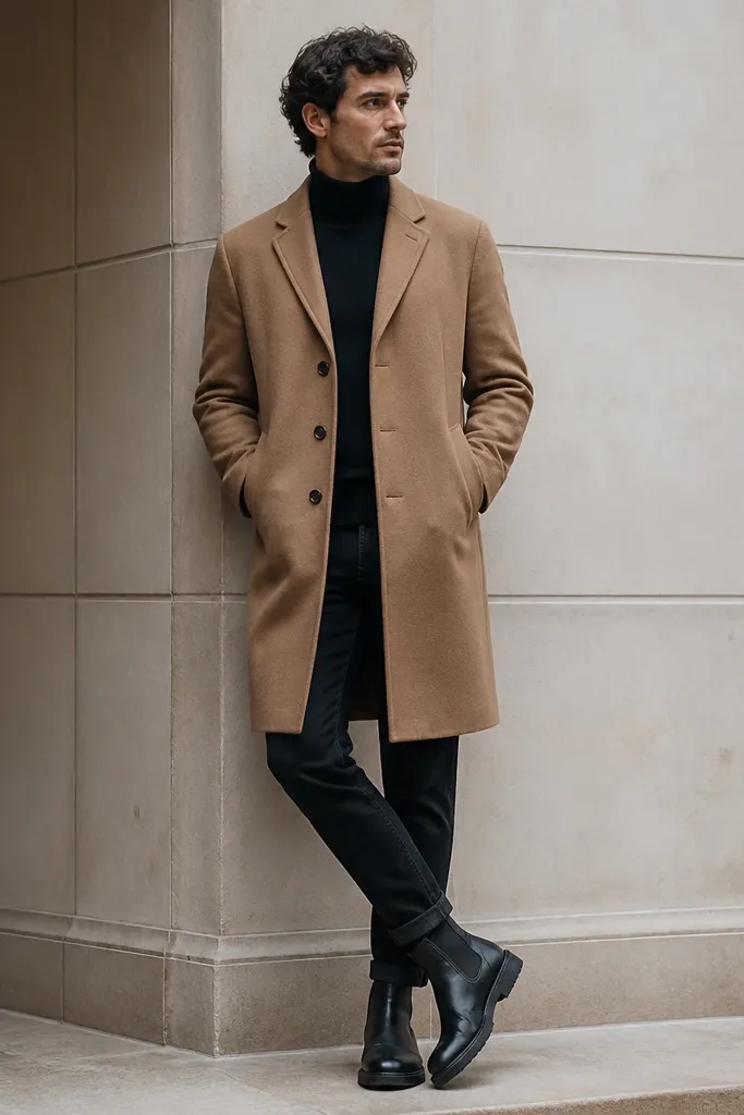 A camel overcoat over a dark turtleneck, with black jeans hemmed using a narrow cuff. Chunky black Chelsea boots show the cuff and the boot opening cleanly.