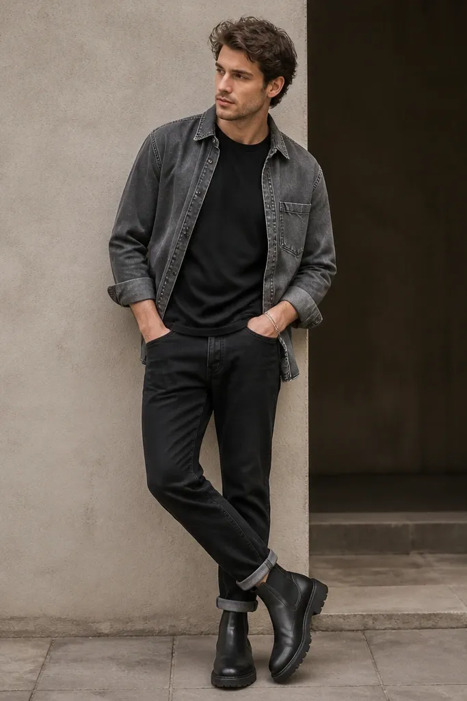 A black graphic tee under a gray denim shirt, with black jeans that have a small rolled hem. Chunky black Chelsea boots are visible beneath the rolled cuffs.