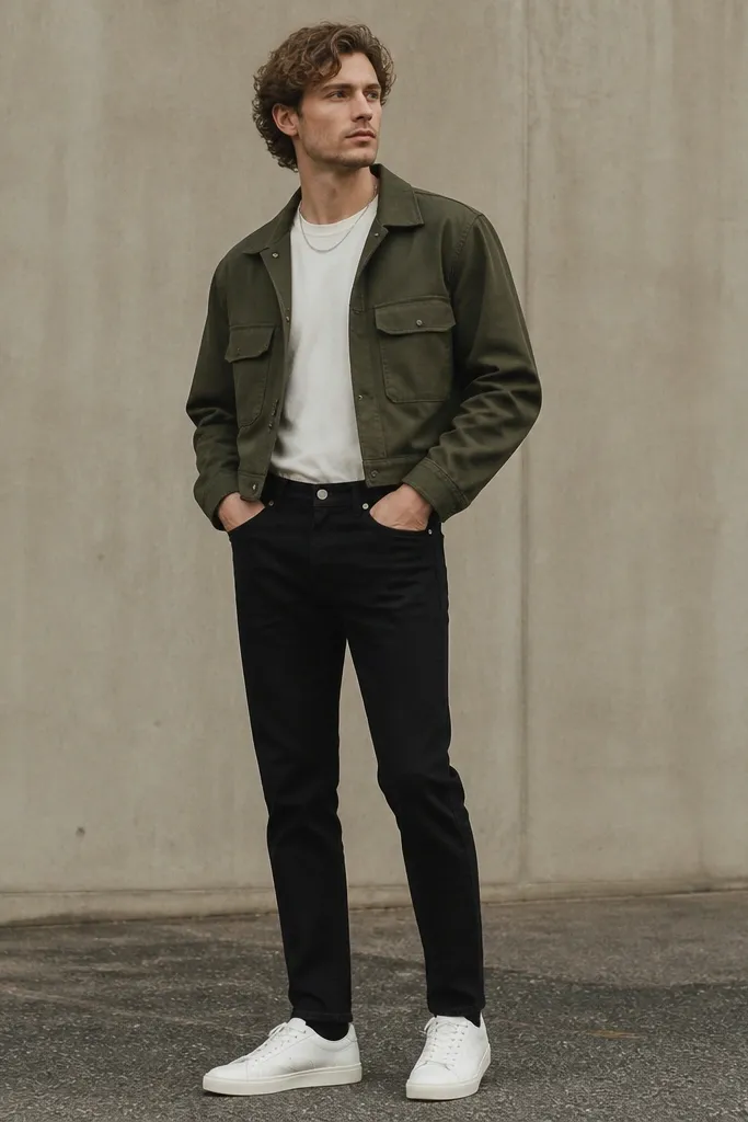 A man wearing off-white boxy short-sleeve tee tucked into black slim jeans, with a cropped olive field jacket. He has white low-top sneakers and a thin silver chain. The photo shows a clean waistline and the jacket ends above the belt.