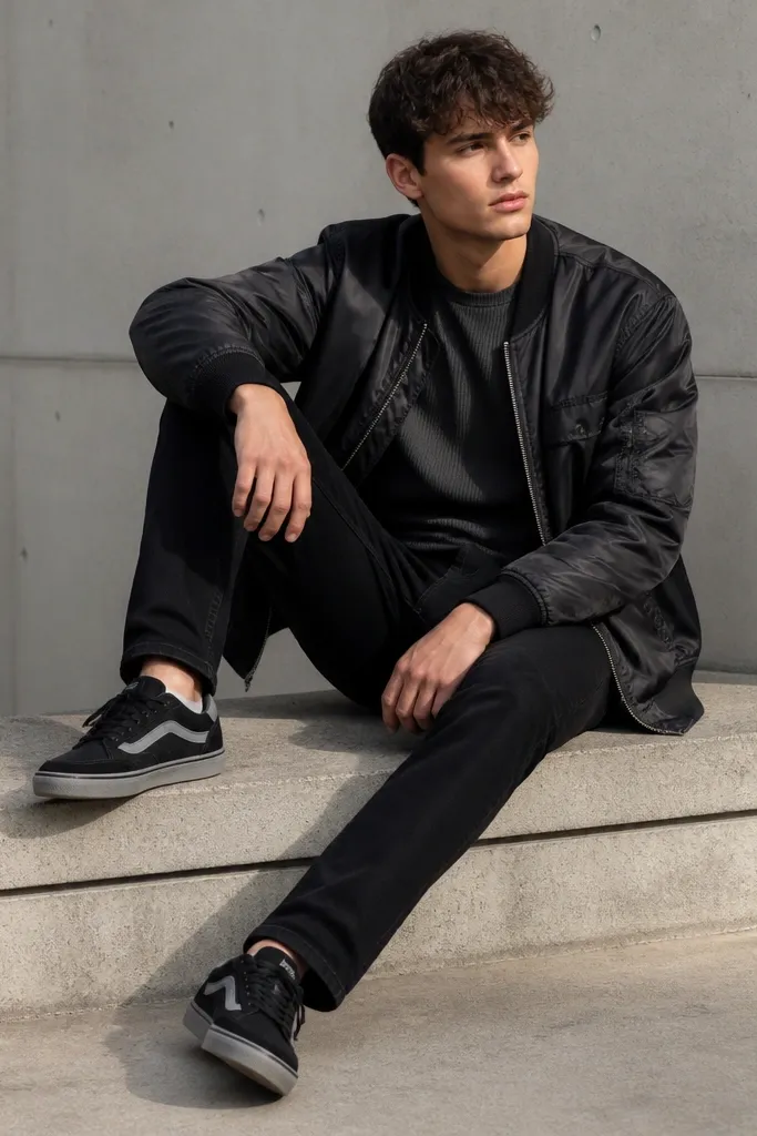 A person in a charcoal ribbed long sleeve under a black bomber jacket, paired with black jeans. The bomber has a shiny nylon finish and elastic cuffs. The shoes are black-and-gray skate sneakers.