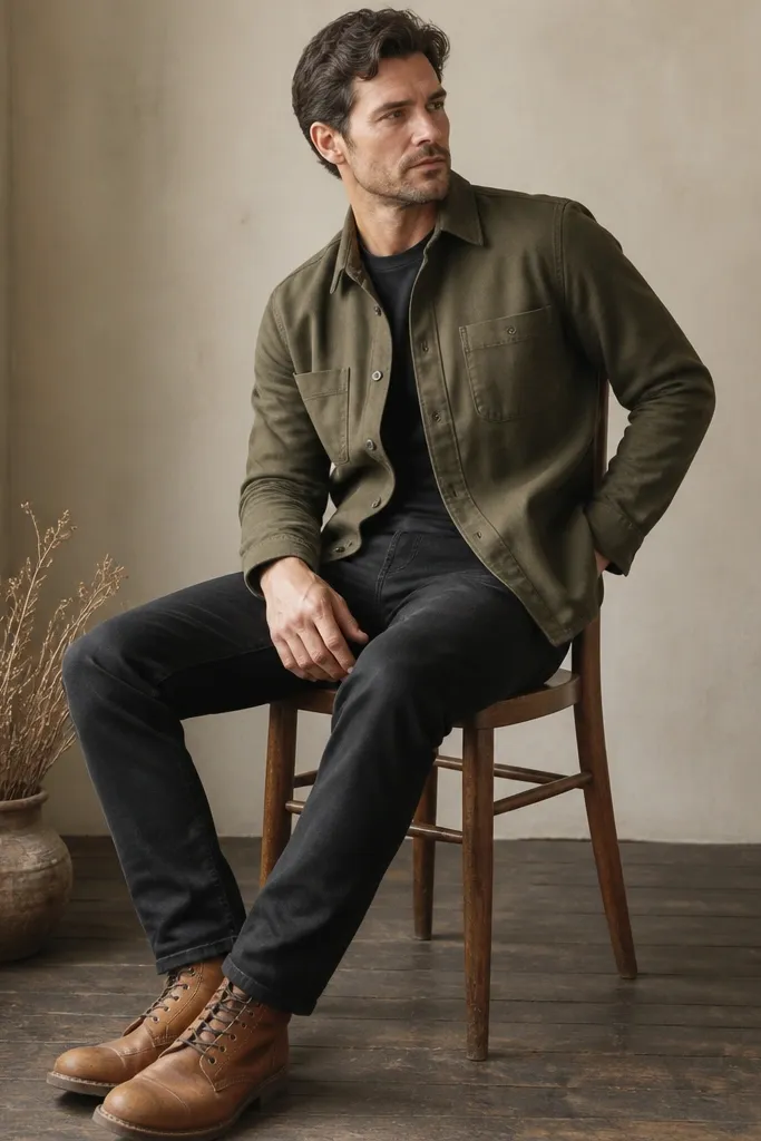 A person wearing an olive overshirt buttoned halfway over a dark tee, black jeans, and tan leather boots. The overshirt has a subtle brushed texture. The boots show visible stitching and a slightly worn sole.