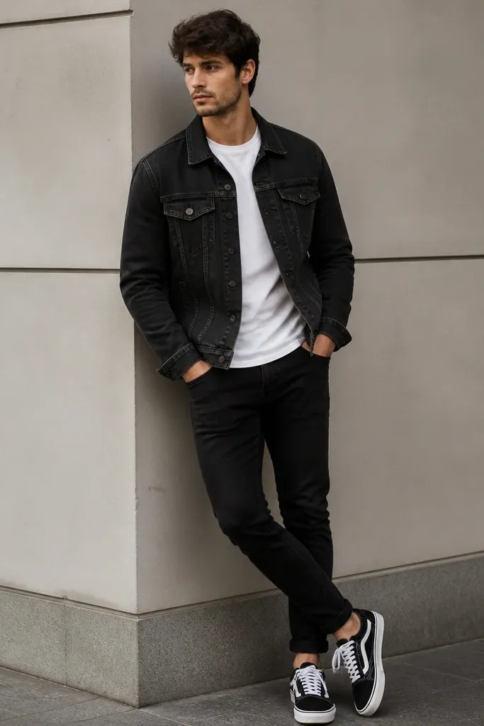 A black denim jacket layered over a white crew tee, with black jeans. The jacket has visible seams and slightly faded patches. The shoes are black-and-white sneakers.