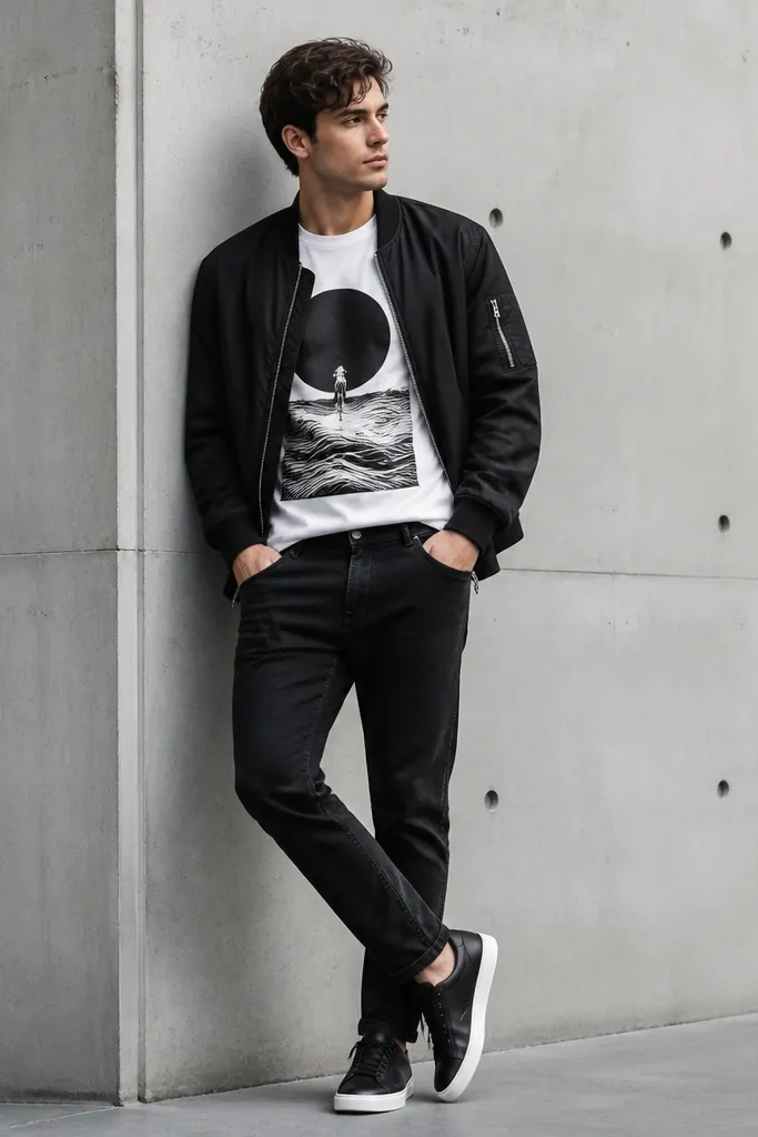 A white graphic t-shirt with a bold print on the chest, tucked into black jeans. A black bomber jacket sits over it. The person wears black sneakers with white soles.