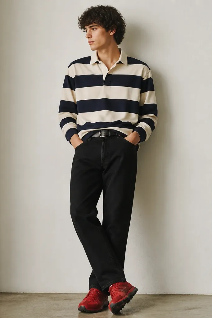 A rugby-style shirt with navy and off-white stripes, worn over or half-tucked into black jeans. The person wears red high-traction sneakers. The collar is visible and slightly open.