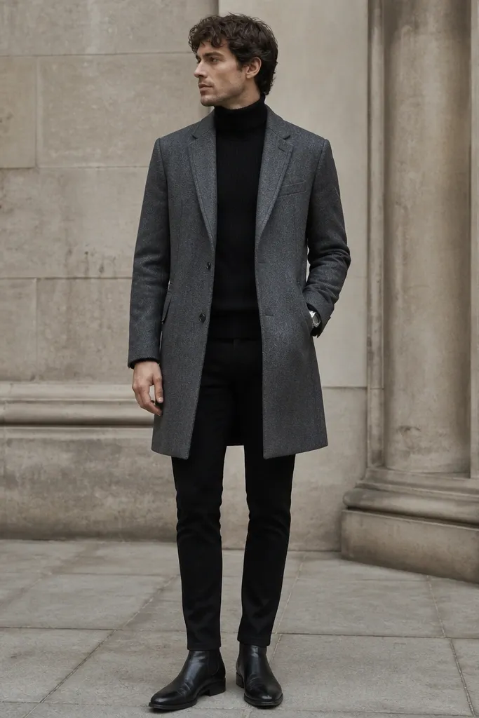 A black ribbed turtleneck sweater under a gray overcoat, paired with black jeans. The person wears black leather shoes and a watch. The overcoat falls to mid-thigh and looks structured.