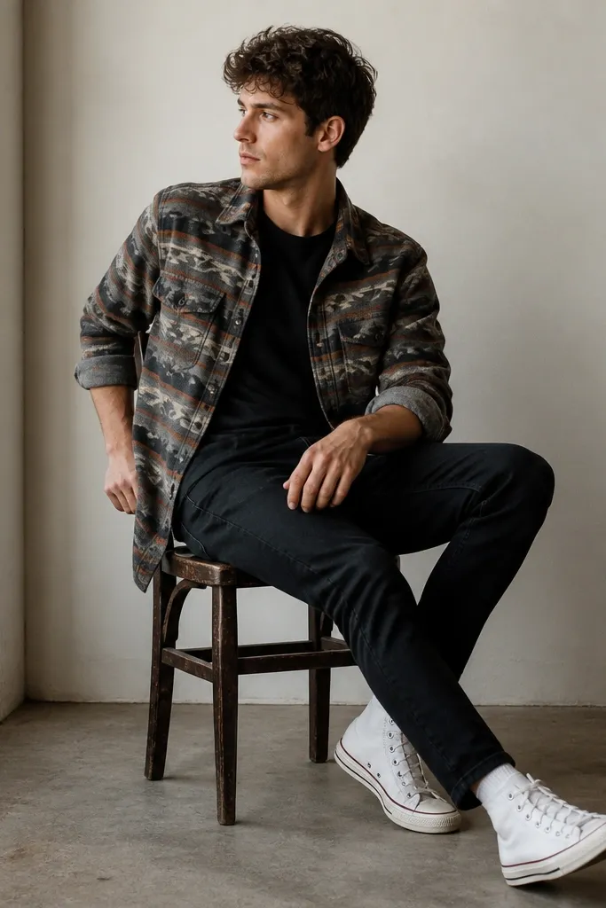 A patterned flannel overshirt in muted tones worn open over a plain dark tee, with black jeans. The person wears classic white canvas high-top sneakers. The flannel sleeves are rolled to mid-forearm.