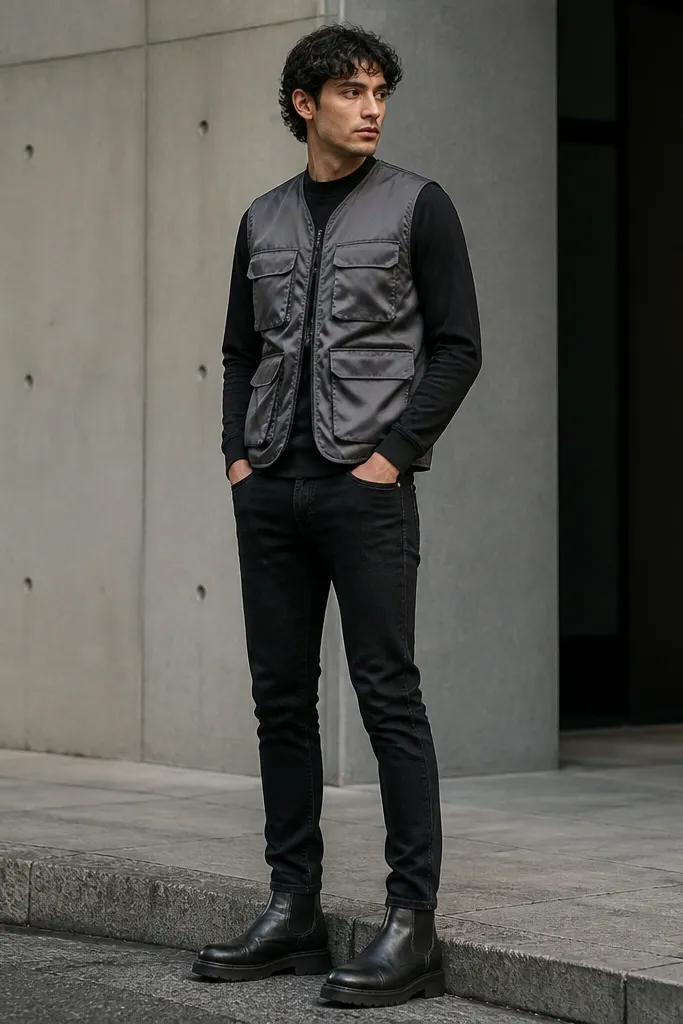 A gray utility-style tech vest layered over a fitted black long sleeve, with black jeans. The vest has pockets, a zip front, and a slightly reflective fabric. Shoes are black boots.