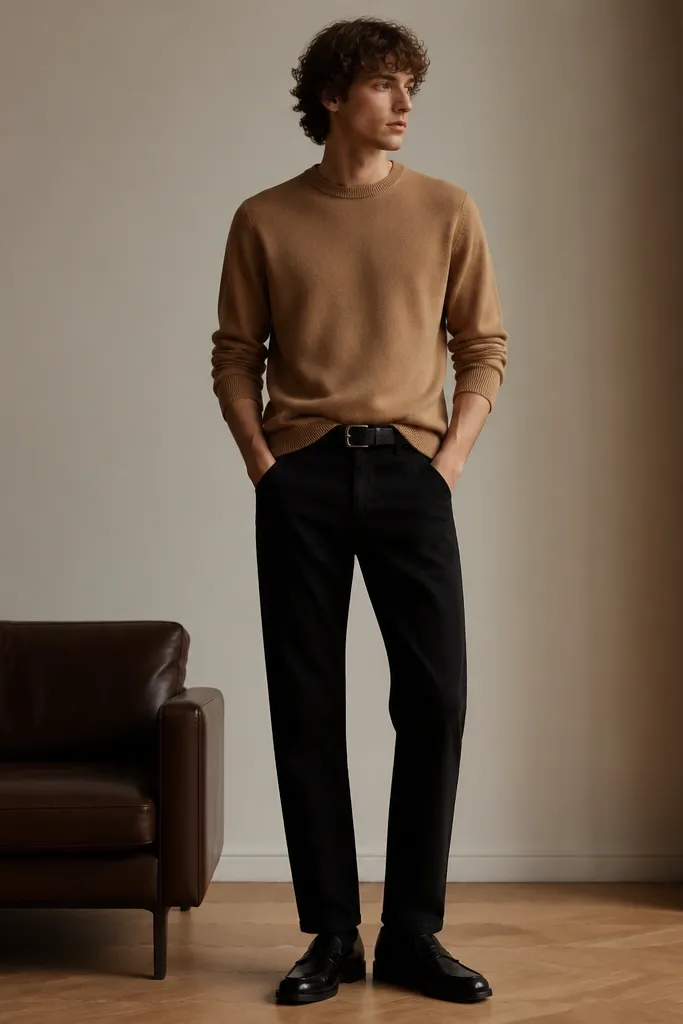 A camel crewneck sweater worn over black straight-leg jeans. The person wears black loafers with a clean shine. A belt matches the loafers. The sweater cuffs show knit texture.
