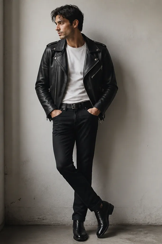 A black leather biker jacket over a white crew tee with black jeans. The leather has a matte finish and zippers. The person wears black leather boots and a silver chain that sits above the collar.