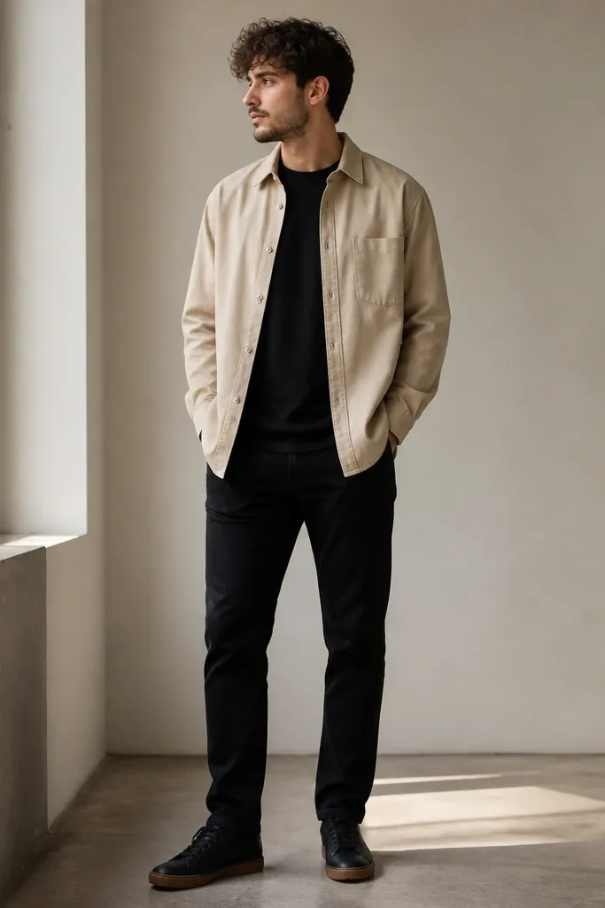 A sand-colored overshirt worn open over a black tee, with black jeans. The person wears black sneakers with a subtle gum sole. The overshirt has a lightweight cotton look.