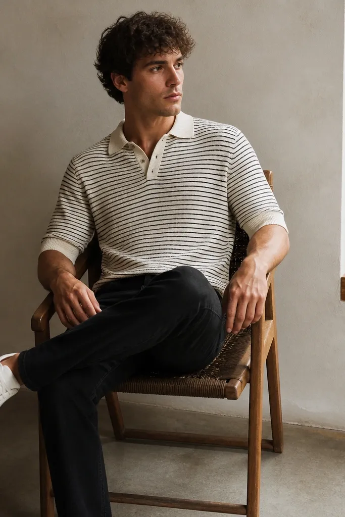 A knit polo with thin stripes in black and off-white worn over black jeans. The collar is folded and the sleeves sit at the upper forearm. White sneakers complete the look.
