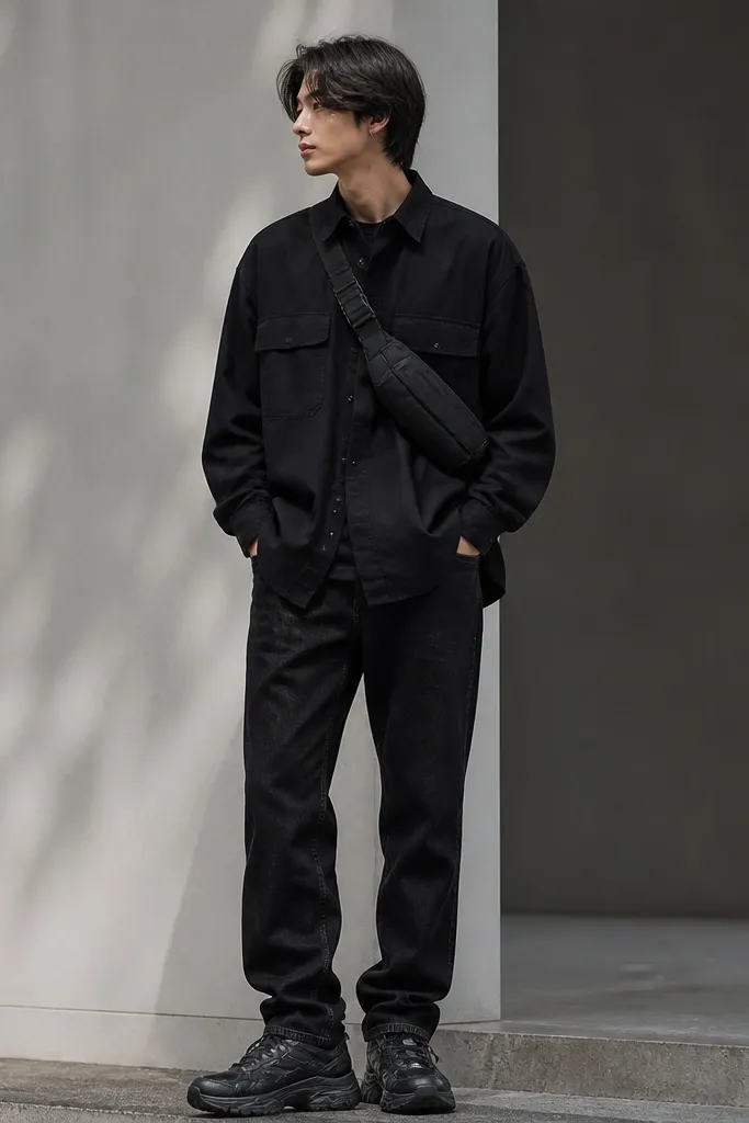 A person wearing an oversized black utility shirt with flap pockets over black jeans. The jeans have a standard denim texture. The person wears chunky black sneakers and a crossbody bag.