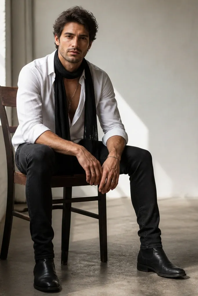 A white button-down shirt worn open at the top, with a black scarf wrapped loosely around the neck. The person wears black jeans and black boots. The sleeves are rolled up, showing forearms.