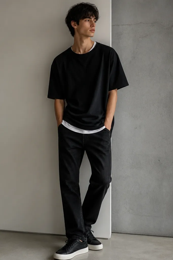 A white tank top peeking from under an oversized black tee layered on black jeans. The tee hem hangs slightly longer, and the person wears black sneakers with a white sole.