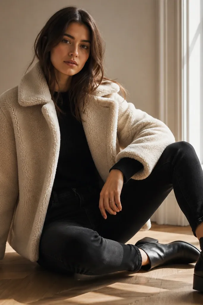 A cream jacket with a shearling-style collar and fuzzy texture worn over a black long sleeve, paired with black jeans. The person wears black boots. The jacket looks warm and plush in the light.