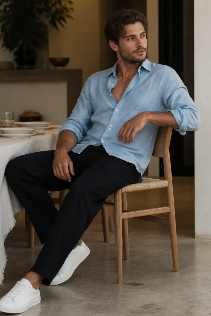 A man wears black linen pants and a light blue chambray button-up with the top two buttons open. Sleeves are rolled to mid-forearm, and the outfit is paired with white low-top sneakers. The photo shows a relaxed dinner vibe with a slightly undone collar.