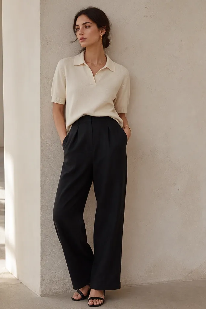 A woman in a cream knit polo top is styled with black linen pants. The polo has a short collar, the hem is lightly tucked at the front, and she wears black sandals with a low heel. The image focuses on texture and color contrast.