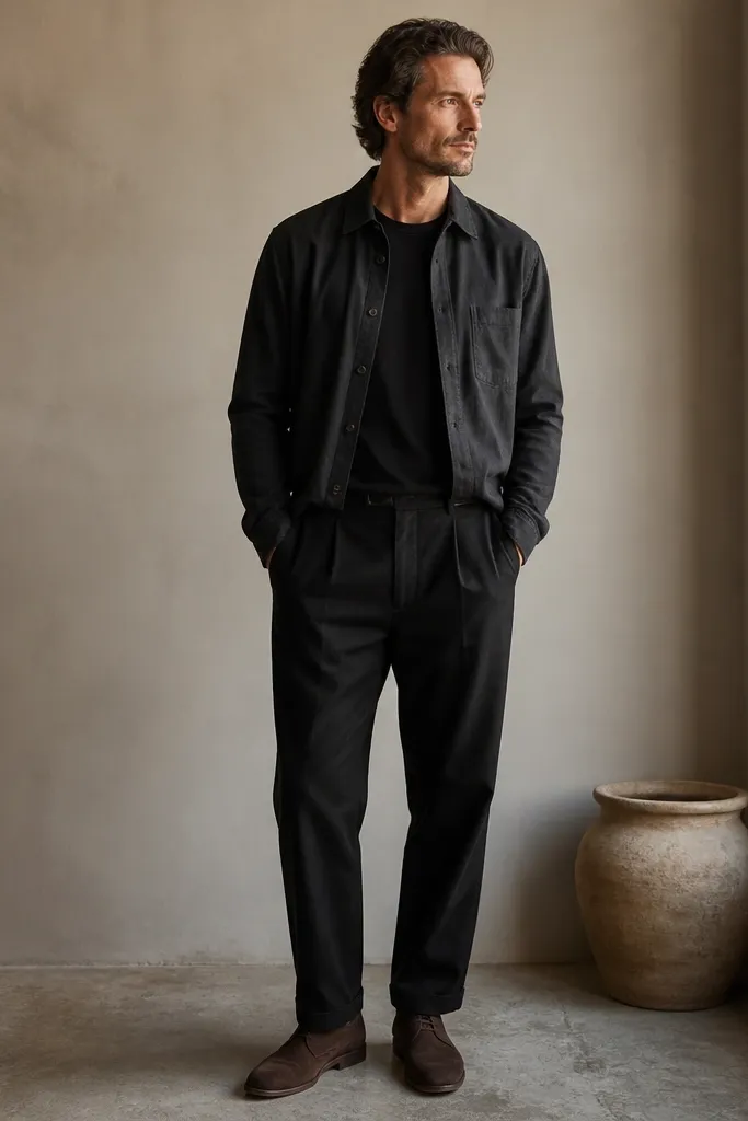 A man wears black linen pants with a charcoal overshirt that's slightly open over a black crew-neck tee. He has on dark brown suede desert boots, and the photo shows the overshirt hem sitting at the belt line.