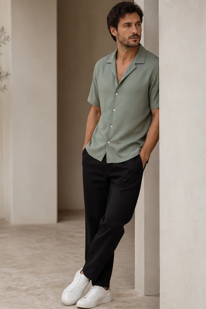 A man wears black linen pants with a sage green short-sleeve camp collar shirt that's buttoned halfway. The shirt has a subtle sheen, and he wears white leather sneakers. The photo is angled to show the collar shape.
