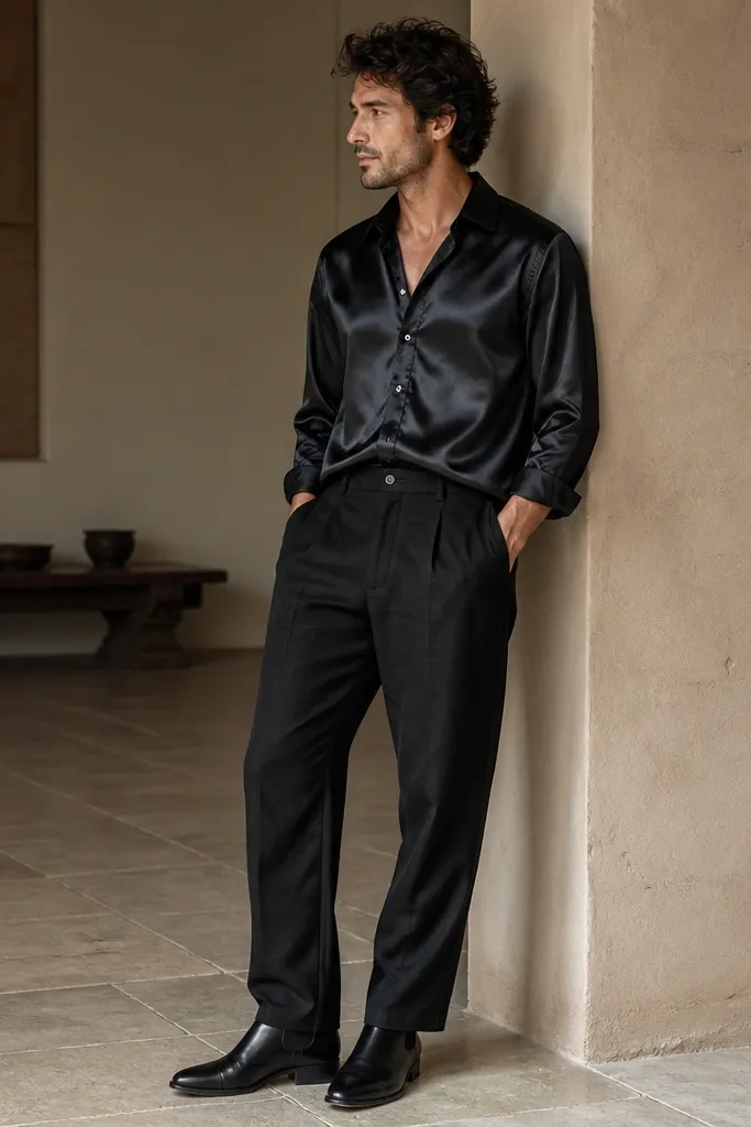 A man wears black linen pants and a black satin-look button-up shirt with a subtle shine. The shirt is half-tucked and paired with black leather Chelsea boots. The image shows the shine difference between shirt and pants.