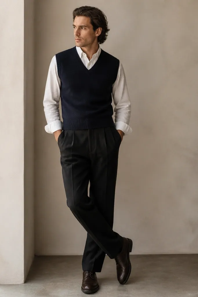A man wears black linen pants with a navy sweater vest layered over a crisp white button-down. The vest is fitted at the waist, and he wears dark brown leather lace-up shoes. The photo shows the layered V shape.