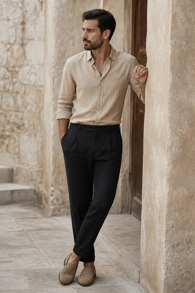 A man wears black linen pants and a sand-beige linen shirt in a similar weight. The shirt is tucked with a relaxed fit, sleeves rolled, and he wears tan suede loafers. The photo shows a coordinated linen-on-linen texture match.
