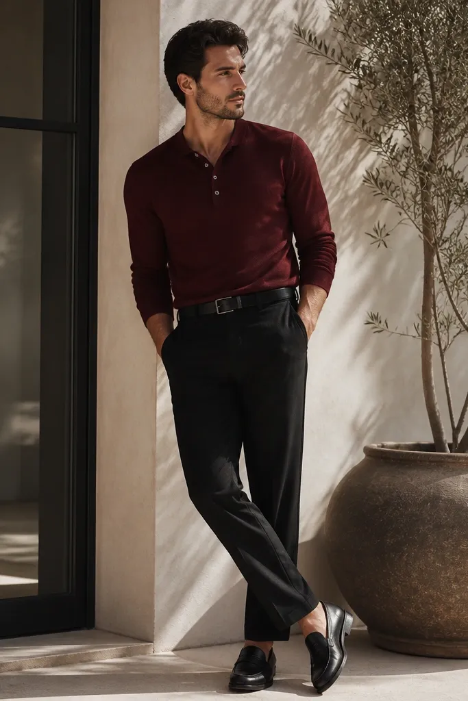 A man wears black linen pants with a burgundy knit henley shirt that has two buttons visible. He wears black leather loafers and a black belt. The lighting highlights the deep burgundy color against the black fabric.