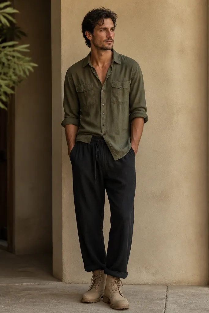 A man wears black linen pants with an olive utility shirt that has chest pockets. The sleeves are rolled to show forearms, and he wears tan desert boots. The photo shows pocket placement and relaxed drape.