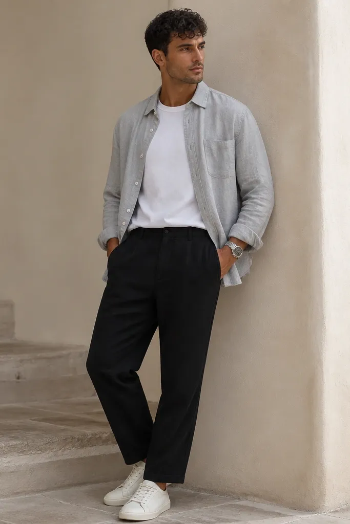 A man wears black linen pants with a white linen tee tucked at the front under an open light-gray linen overshirt. He wears white canvas sneakers and a silver watch. The photo shows the open layer and clean neckline.
