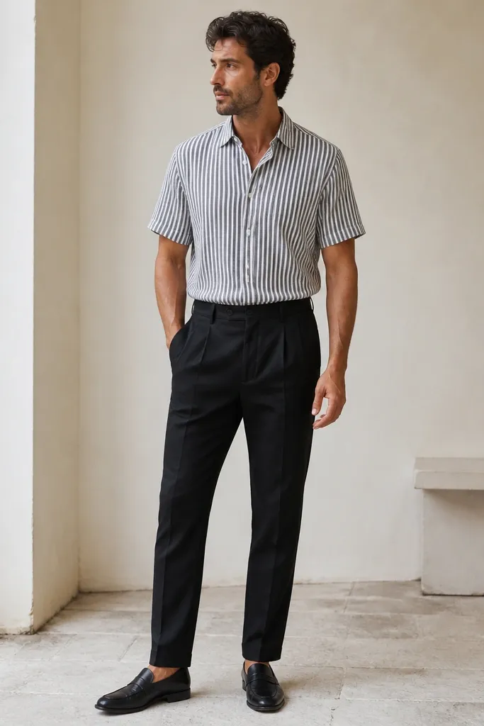 A man wears black linen pants with a short-sleeve button-up featuring thin white and black vertical stripes. The shirt is tucked, and he wears black loafers with a slight shine. The photo shows the stripe direction and clean hem tuck.