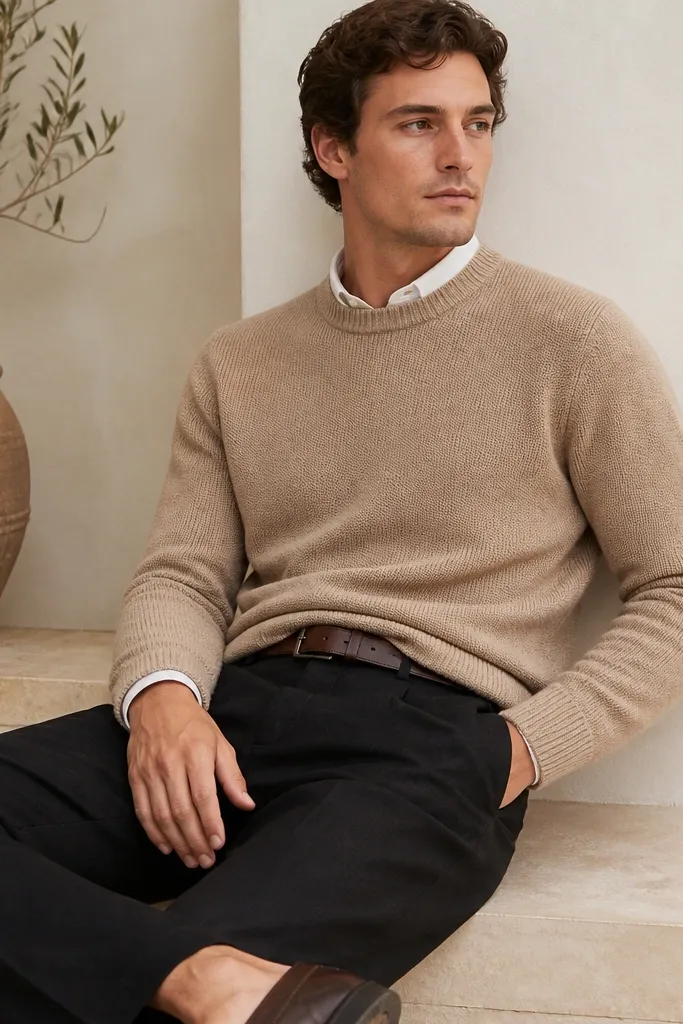 A man wears black linen pants with a tan knit crewneck sweater layered over a white shirt collar peeking out. He wears dark brown leather shoes and a matching belt. The photo is close enough to see knit texture.