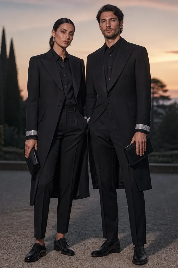 Two adults posed side by side outdoors at dusk. Both wear matte black tailcoats with wide lapels and slightly longer backs, layered over black dress shirts. Each has a visible silver cuff detail at the wrists and matching black trousers. The shoes are black leather oxfords, and both hold a small black clutch-style bag or prop to match the formal vibe.