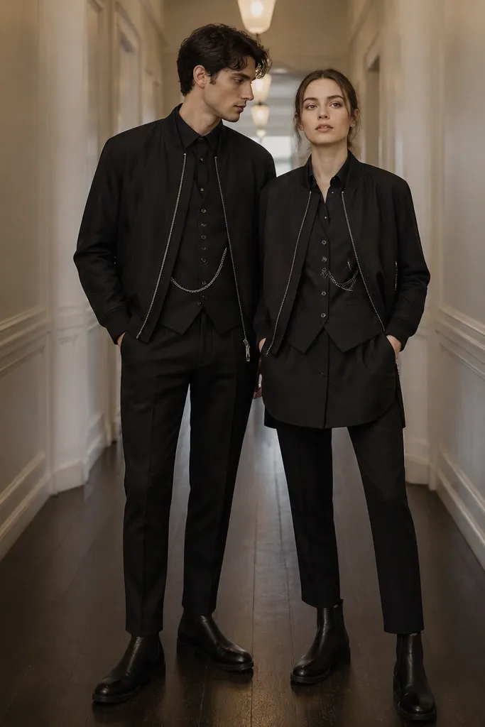 A couple stands in a hallway with bright overhead lighting. Both wear black bomber jackets with a ribbed collar and cuffs, paired with black waistcoats. One partner has a slightly longer vest hem; the other matches it by layering a similar vest cut. Both wear black trousers and black Chelsea boots. Silver zipper pulls and minimal silver chain detail are visible at the chest.