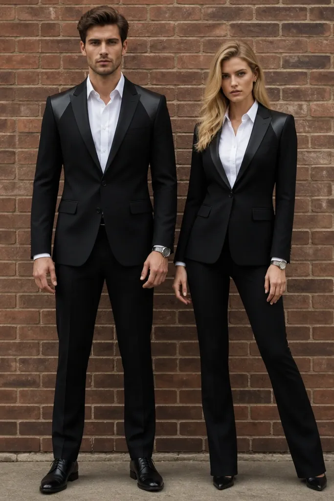 The couple poses in front of a brick wall. Each wears a black suit jacket with faux-leather paneling on the shoulders and lapels, paired with black trousers. Under the jacket is a crisp white button-down shirt. They both wear black dress shoes and have a subtle silver watch visible on one wrist. Their expressions are serious and their hands are placed naturally at their sides.
