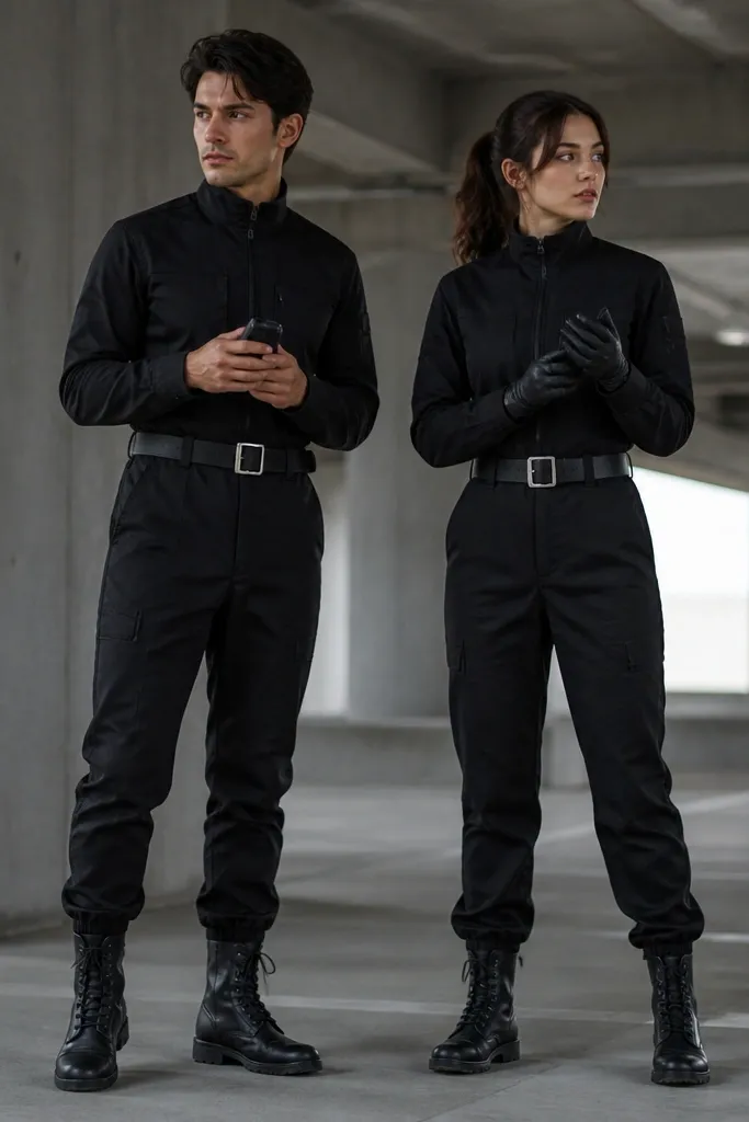 Two people stand in a parking garage. Both wear all-black jumpsuits with long sleeves and tapered legs. Each has a matching black belt with a silver buckle at the waist. They wear black combat boots and carry matching black gloves or hold a small prop device at chest height.