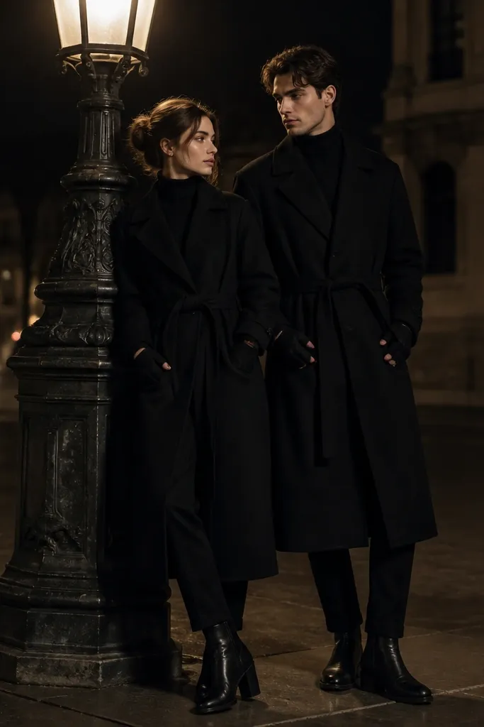 The couple stands in front of a streetlamp at night. Both wear black turtlenecks under long black overcoats. They have fingerless black gloves and black trousers. One coat shows a belt tie at the waist; the other has the same belt tie. Their shoes are black ankle boots with a slight heel.