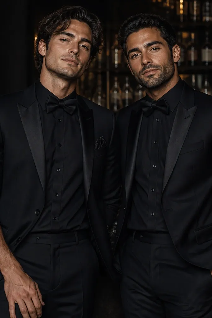 Inside a dim bar setting, both wear black tuxedo-style jackets with satin lapels. Under each jacket is a black dress shirt with rolled sleeves to show forearms. They wear matching black bowties and black trousers. One partner has a satin pocket square; both have a similar white highlight at the shirt cuff.