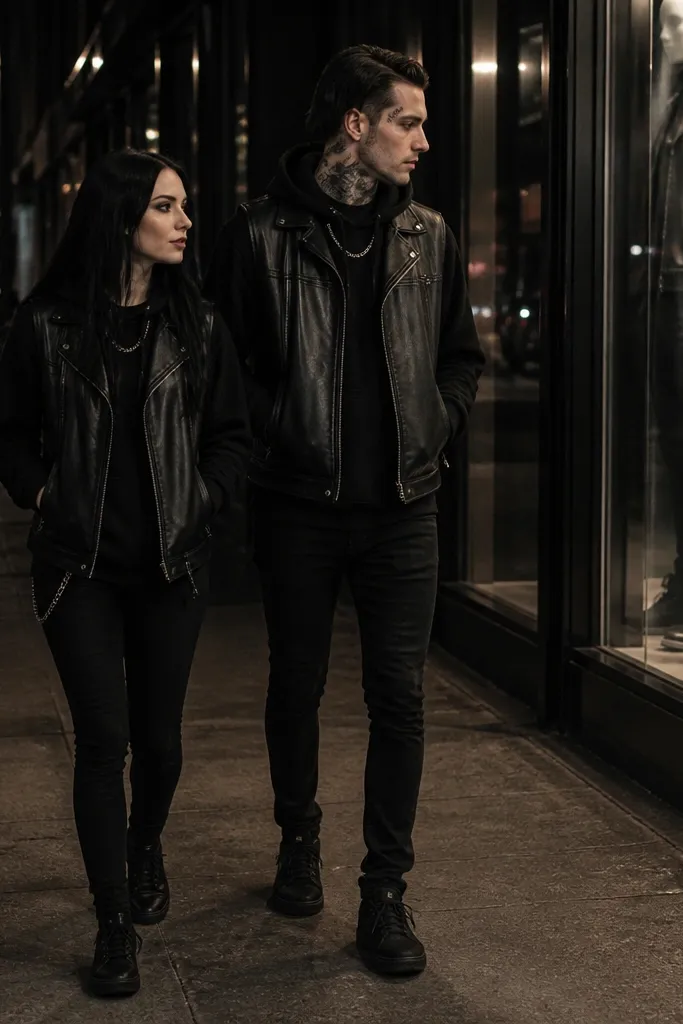 The couple walks past a store window at night. Both wear black hoodies and sleeveless black leather vests. The vests have a zipper front and subtle silver hardware. They pair with black skinny jeans and black sneakers with all-black laces. Each has a single silver chain visible at the neckline.