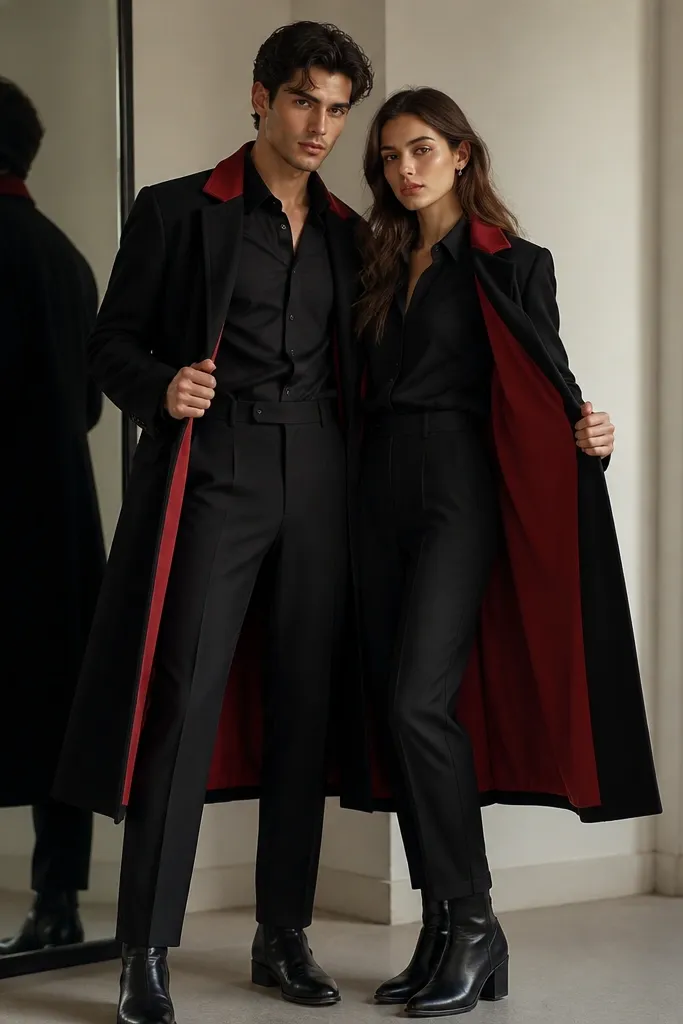 The couple stands indoors near a mirror. Both wear long black overcoats with the inner lining visible because both are holding the coat edges slightly open. The red lining flashes at the collar and inner panel. Underneath are black shirts and black trousers. Their shoes are black dress boots.